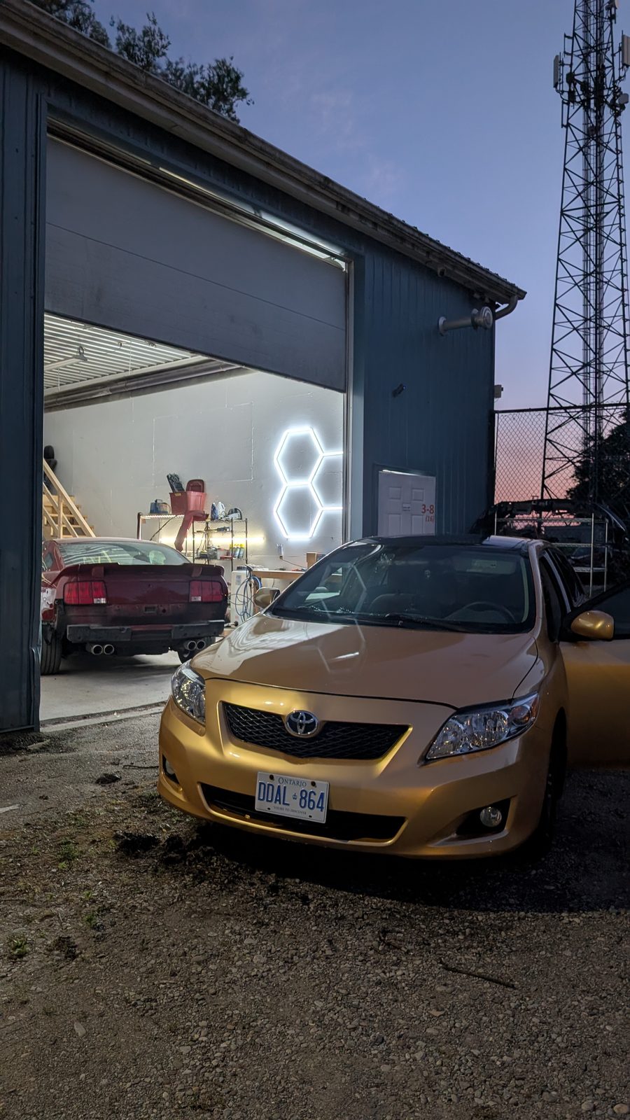 Vehicle in The Hive's lit bay at dusk